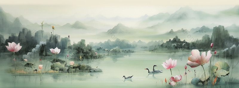 古典中国风水墨荷花池风景山水画背景,插画/手绘图,插画/手绘图库,插画/手绘图下载,插画/手绘
